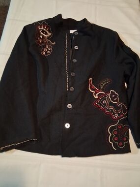 Napa Valley Black Embroidered Button-Up Jacket with Red & Cream Accents Sz 1X
